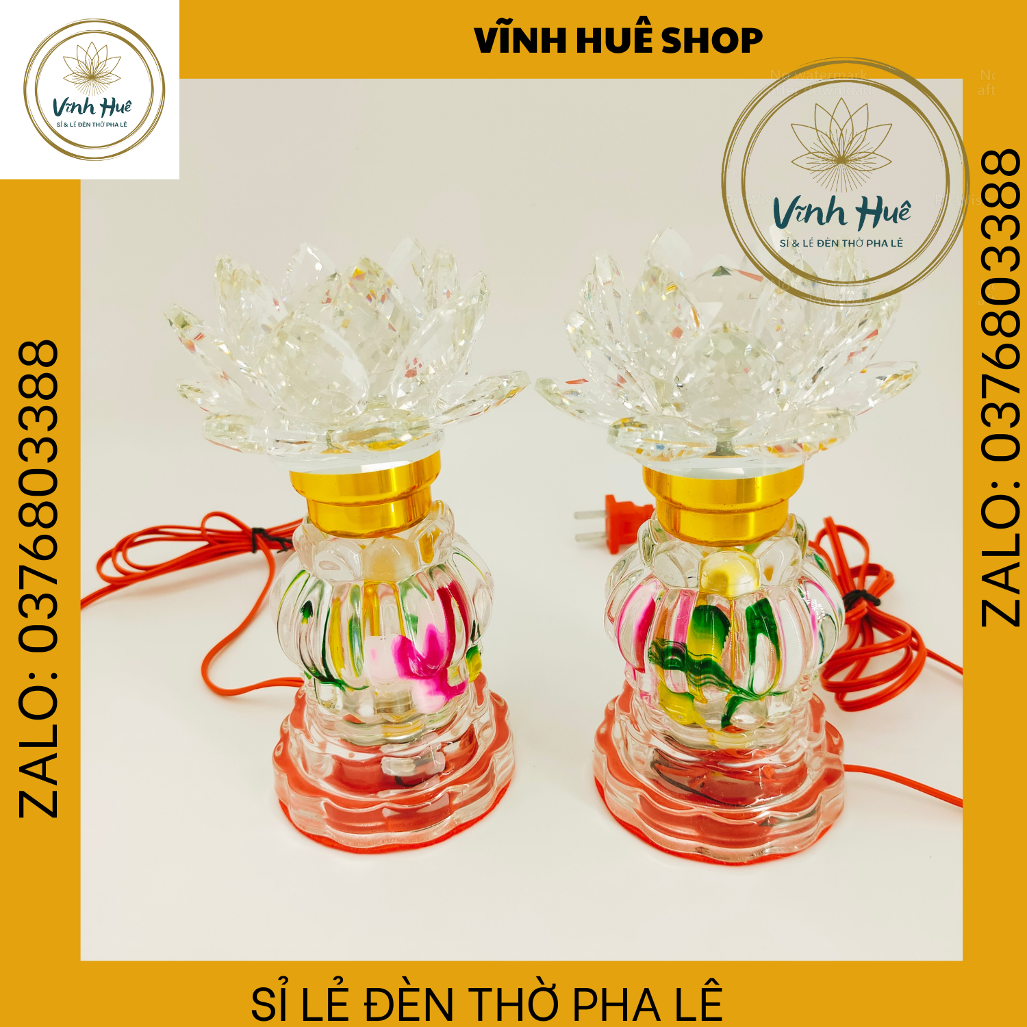 1 CẶP ĐÈN PHA LÊ, ĐÈN THỜ CÚNG, ĐẾ TRÒN HOA SEN MẠCH CHỚP 7 MÀU