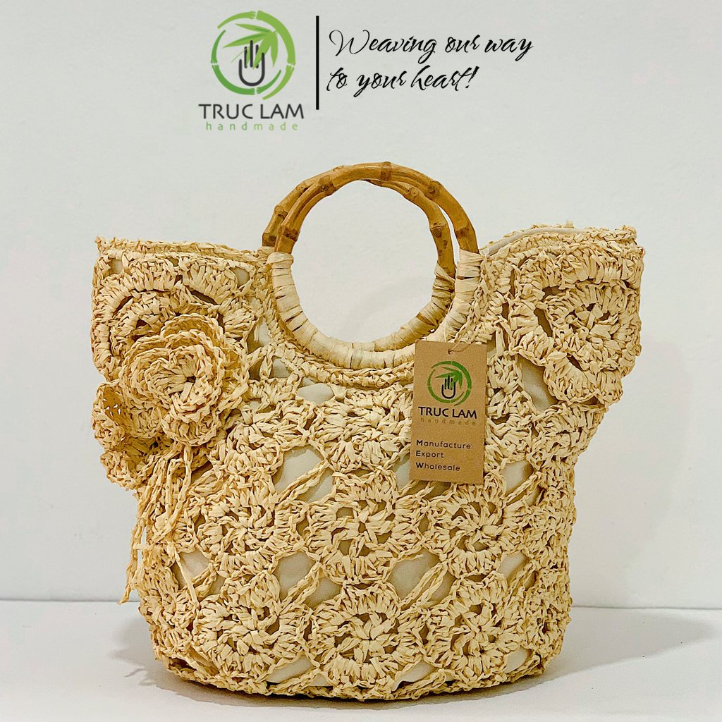 Túi cói quai mây tròn bện trang trí hình các bông hoa – trúc lâm handmade