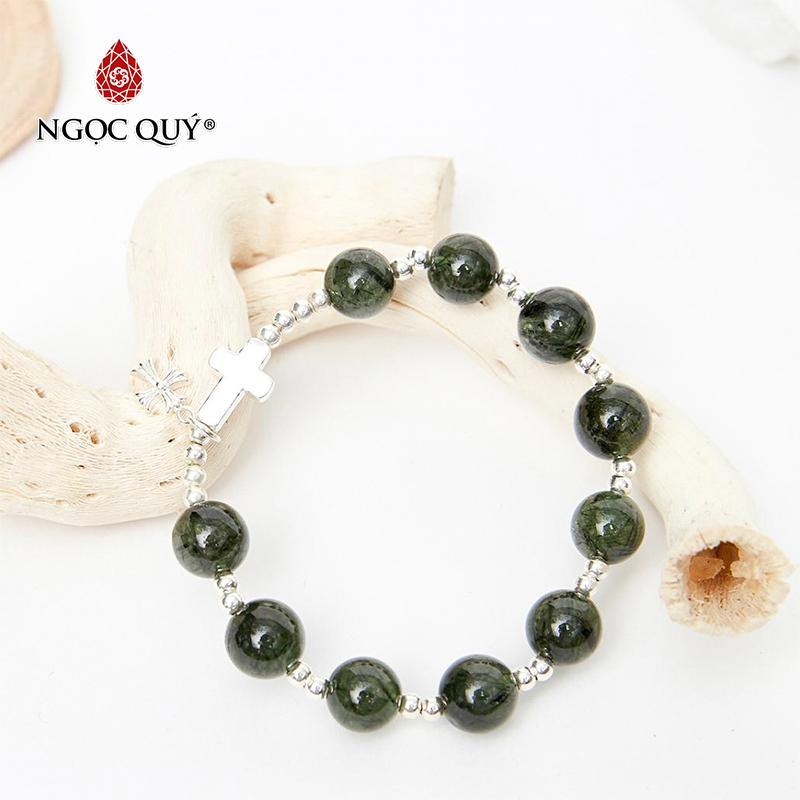 [HCM]Vòng Chuỗi Mân Côi Đá Thạch Anh Tóc Xanh mix charm Thánh Giá- Ngọc Qúy Gemstones