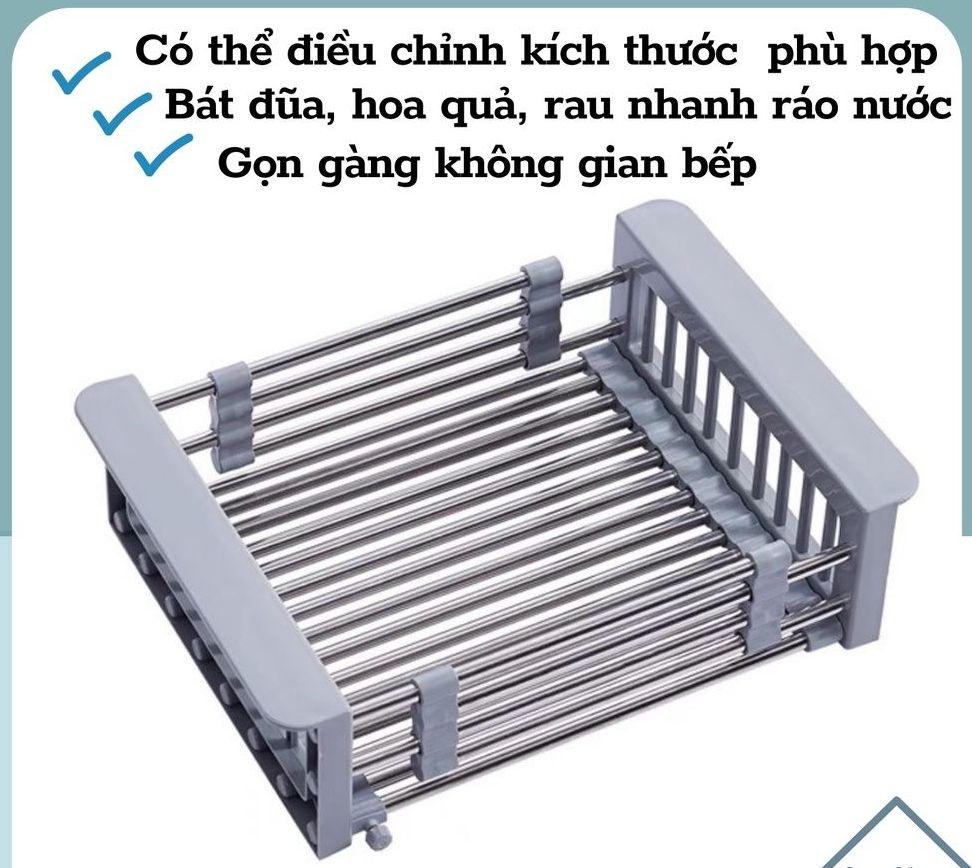 Kệ gác bồn rửa chén Rổ inox rút gọn, Rổ inox rút gọn để bồn, Giá inox đa năng đặt chậu rửa bát rút gọn
