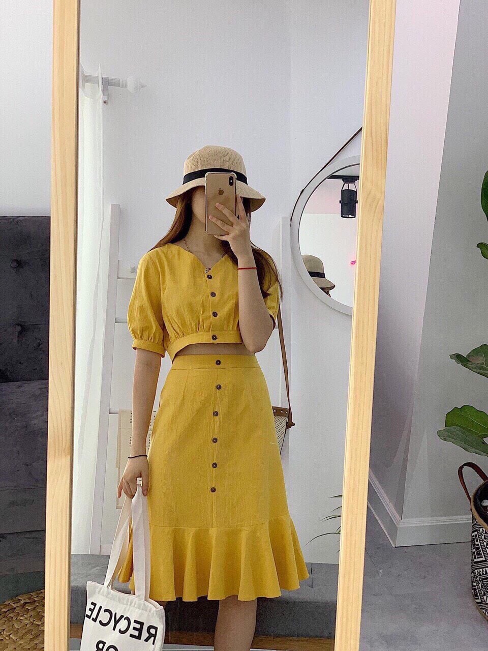 [HCM]Set áo crop nút chân váy đuôi cá