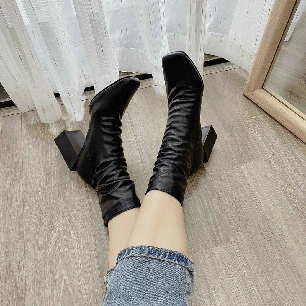 Bốt nhún da lì gót kiểu 7p Đen - Nâu tây