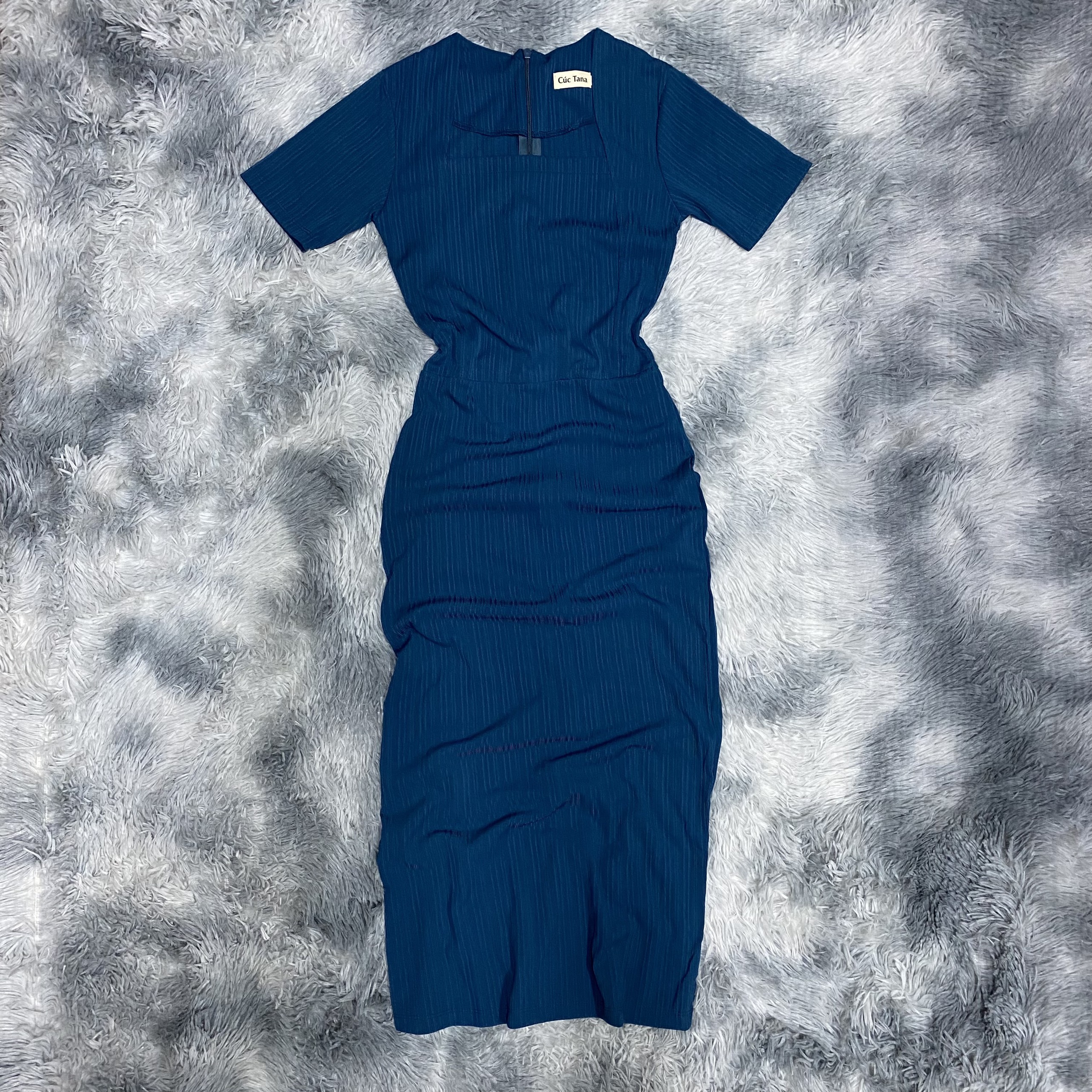 Đầm thun gân trung cổ vuông ôm body_Xanh cổ vịt