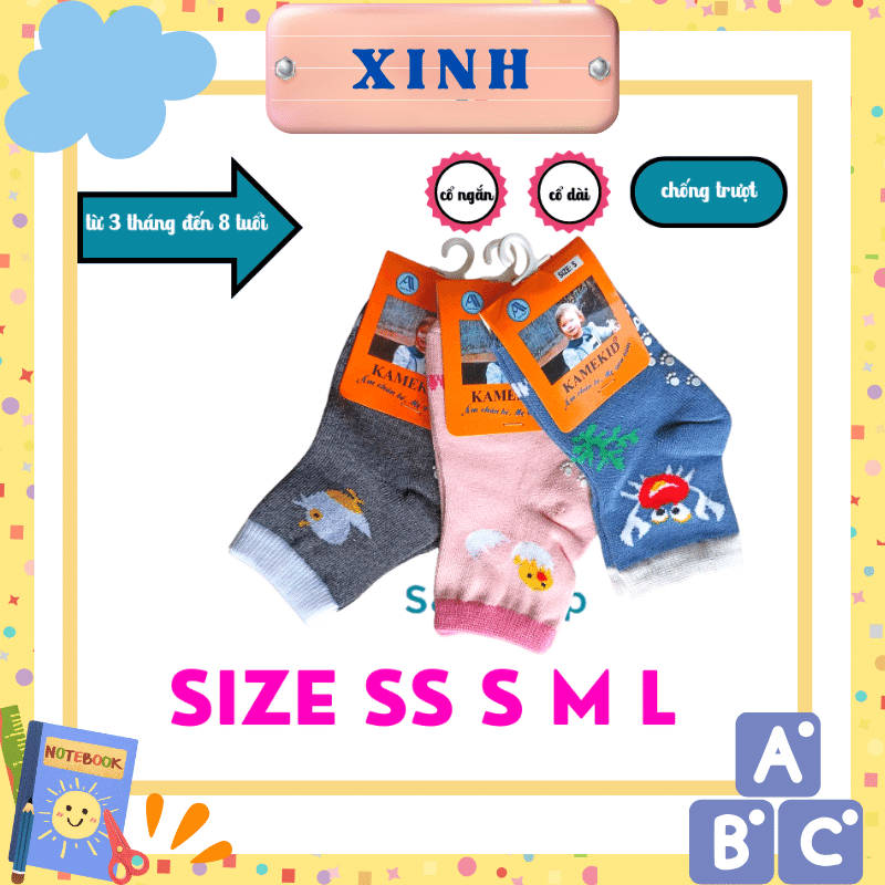 2 đôi tất chống trượt cho bé Kamekid size SS S M L từ 3 tháng đến 8 tuổi - vớ cho bé