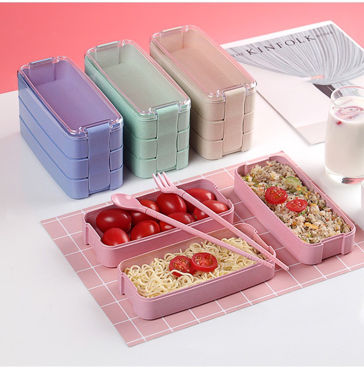 Hộp đựng cơm Lunch box lúa mạch ba tầng kèm đũa thìa cao cấp