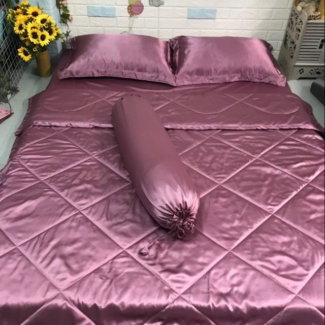 (Loại 1) Bộ Chăn Trần Bông Ga Gối Phi Lụa 5 Món Cao Cấp Lan Bedding Màu Hồng Ruốc