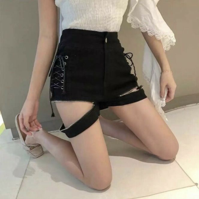 Quần short kiểu đan dây hông dây kéo lai hot quần short lưng cao quần short vải kaki