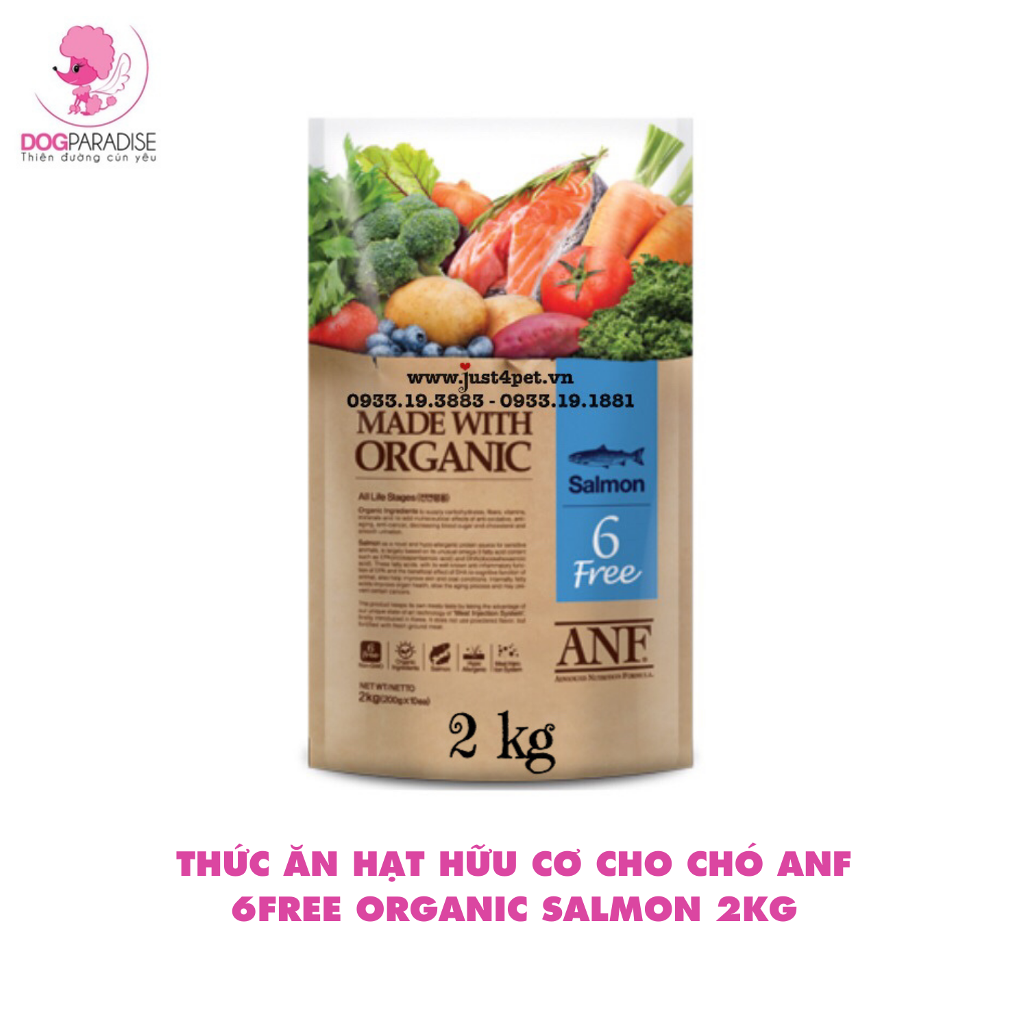 Thức ăn hạt hữu cơ cho chó anf 6free organic salmon thơm ngon 2/6kg