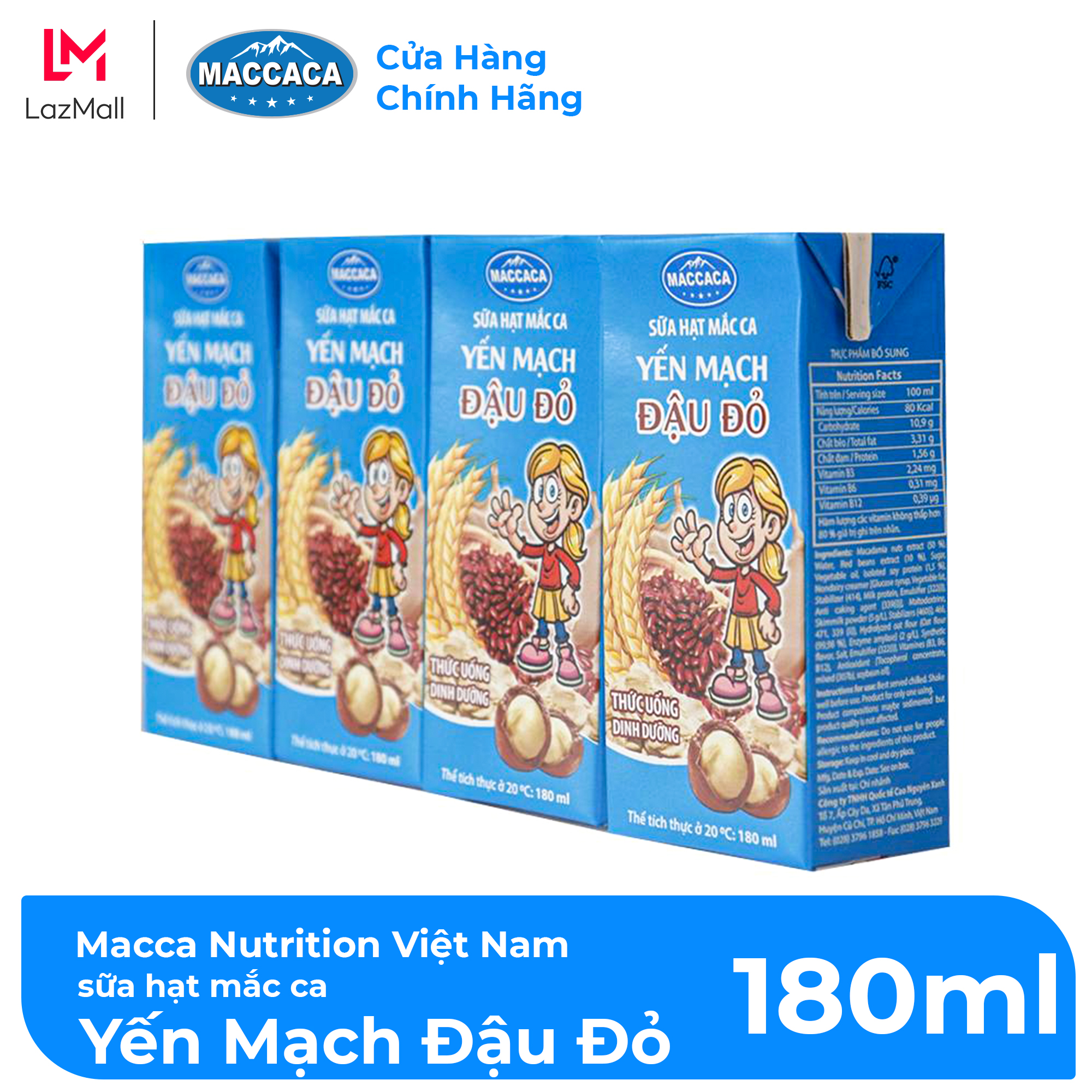 Maccaca - Lốc 4 hộp Sữa hạt Mắc Ca Yến Mạch Đậu Đỏ