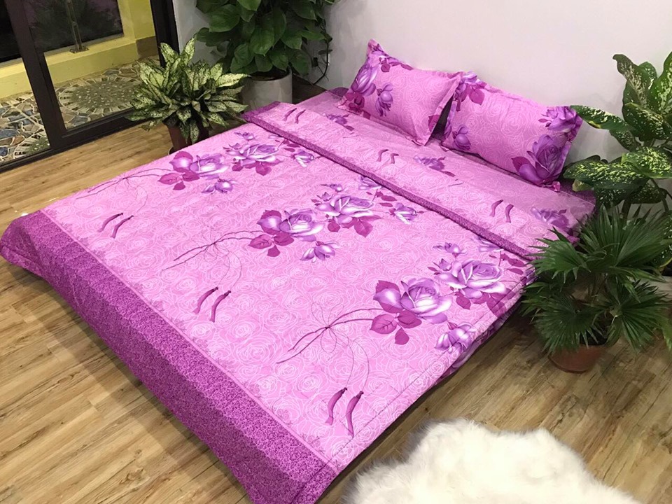 Bộ Chăn Ga Gối Cotton Poly - Hình Hoa Cành Tím ( 3 Món , 4 Món , 5 Món )