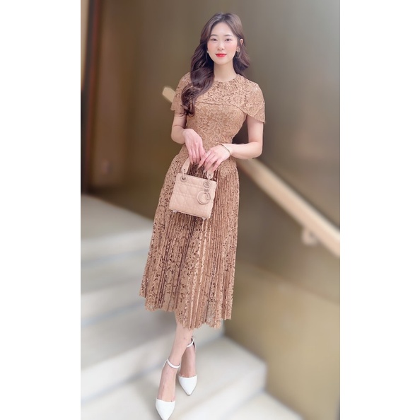 Đầm thiết kế jen dress chất liệu vải ren cao cấp màu nâu tây - váy ren thiết kế thanh lịch sang trọng