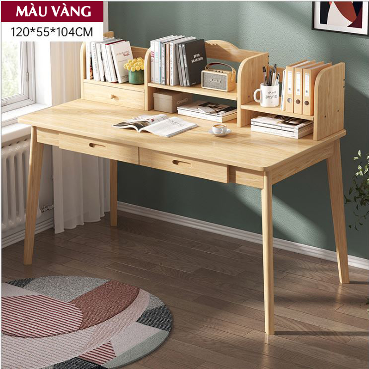 Bàn Làm Việc Có Ngăn Kéo Giá Sách Chân Gỗ Thông Tự Nhiên, Bàn Học 2 Ngăn, Văn Phòng, Bàn Đặt Máy Tính Thông Minh, Bàn Gỗ Nhiều Màu