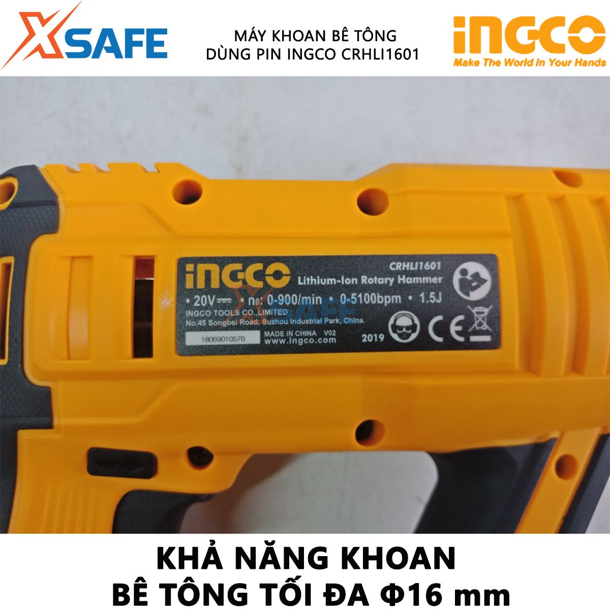 Machine concrete drill battery ingco CRHLI1601 | drill using battery portable power generation battery 20V, no-load speed 0-900rpm, capable of drilling concrete maximum Φ 16mm, no drill hole screws material surface concrete, wood, wall [XTools] [xsafe]