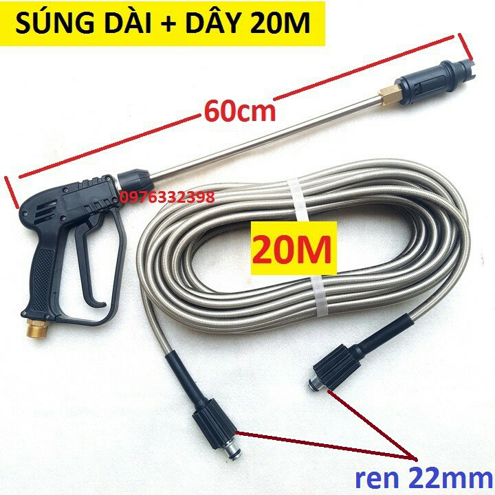 Bộ súng xịt và dây áp lực cho máy rửa xe áp lực cao, máy xịt rửa cao áp, máy rửa xe gia đình (Ren ngoài 22mm)