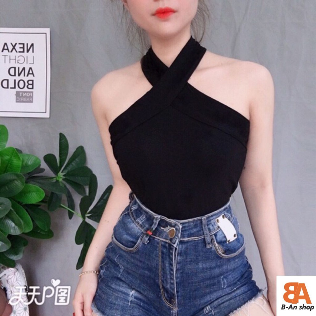 Áo cổ yếm phối dây chéo form croptop ôm body