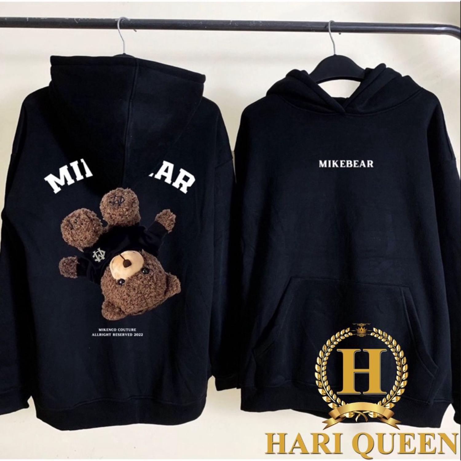 Áo hoodie gấu mikenbear 2 màu đen- xanh két hariqueen