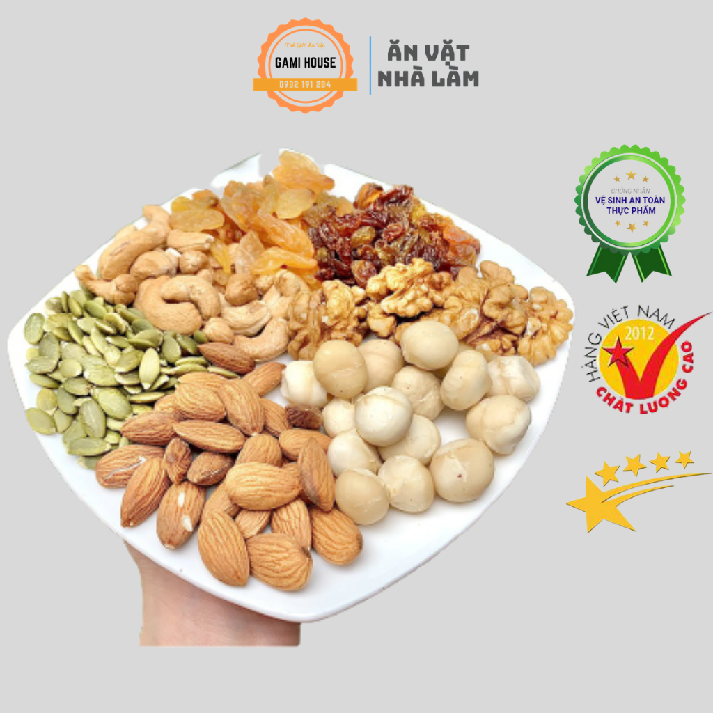 [HCM]Mix 5 Hạt Điều Cười Macca Hạnh Nhân Óc Chó 5 Loại Hạt Dinh Dưỡng Đã Sấy Giòn Hũ 500g - Đồ Ăn Vặt Nhà Làm