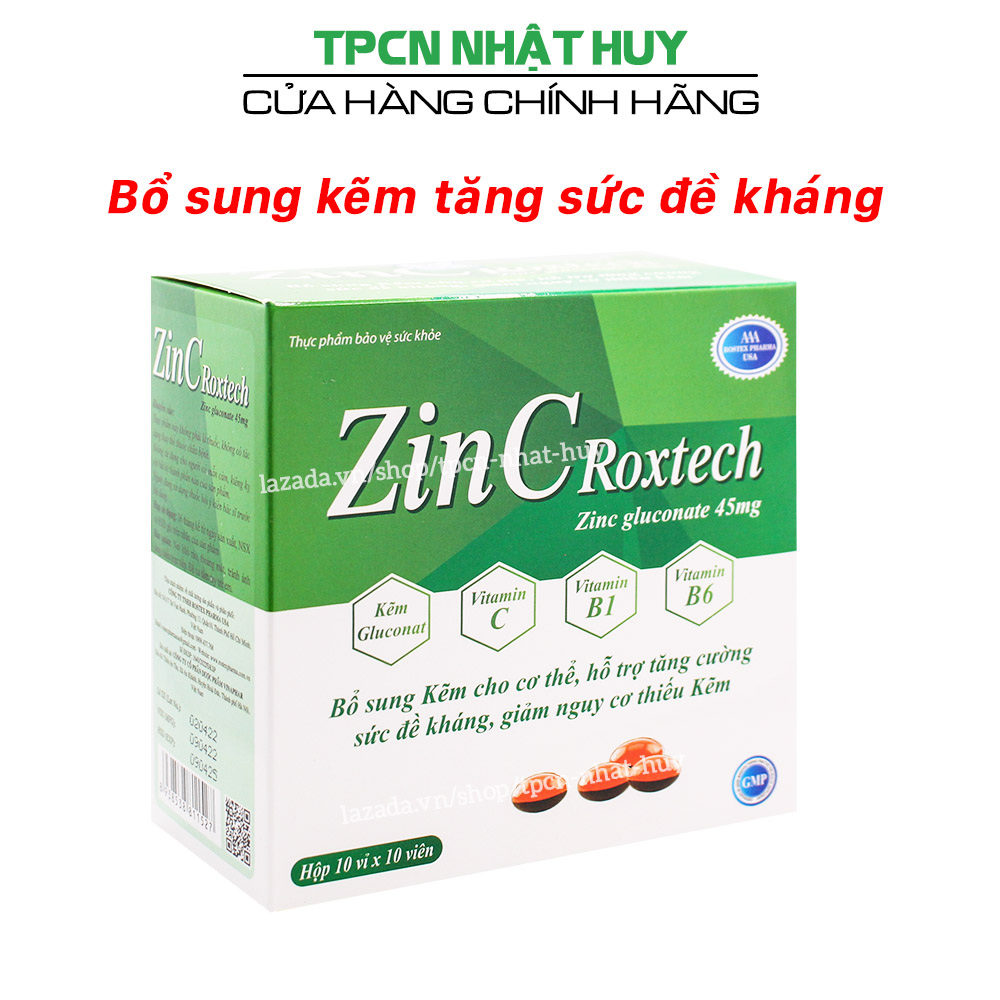Viên uống ZinC Roxtech bổ sung Kẽm, Vitamin C hỗ trợ tăng cường sức đề kháng - Hộp 100 viên