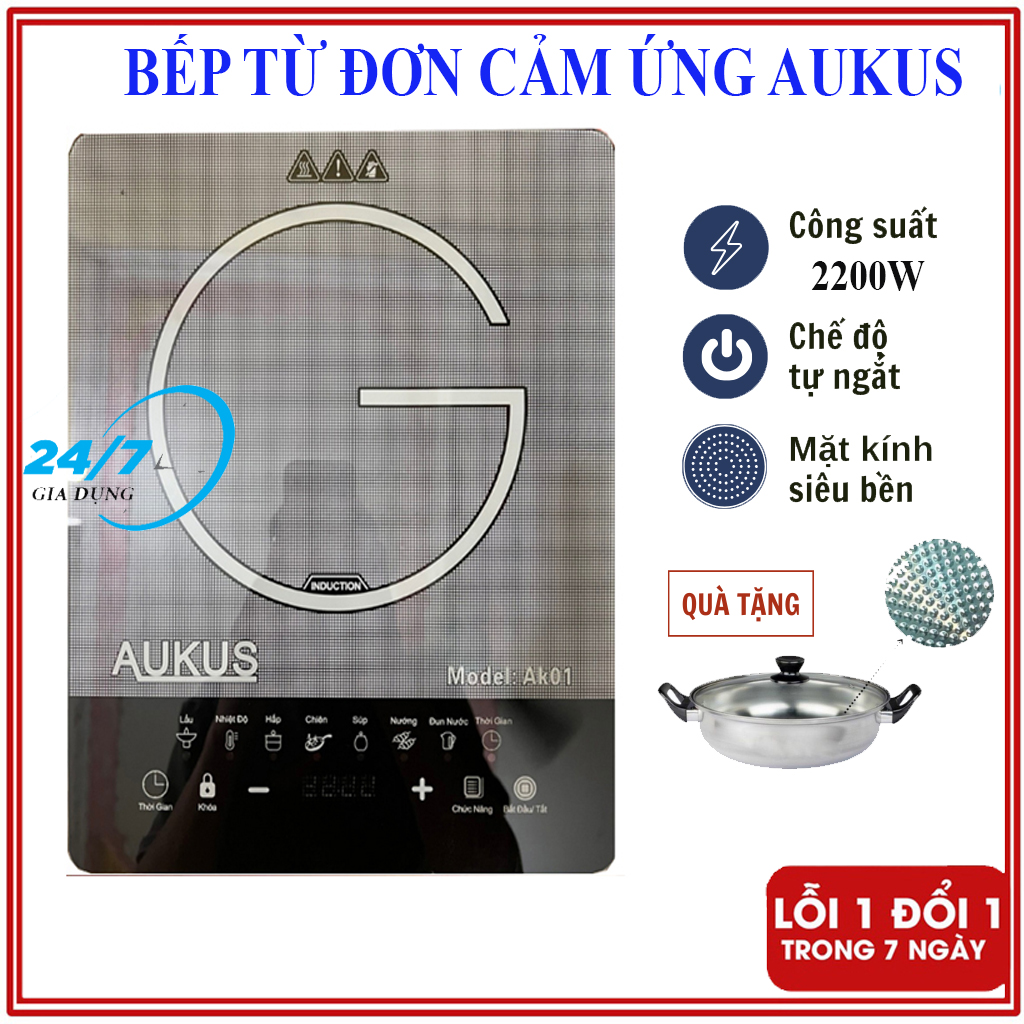 Bếp từ đơn cảm ứng aukus công suất 2200w tặng nồi lẩu, bếp từ cảm ứng mặt kính cường lực siêu bền cảm ứng nhạy có chức năng hẹn giờ thông minh, bếp điện từ tiết kiệm điện năng, an toàn khi sử d