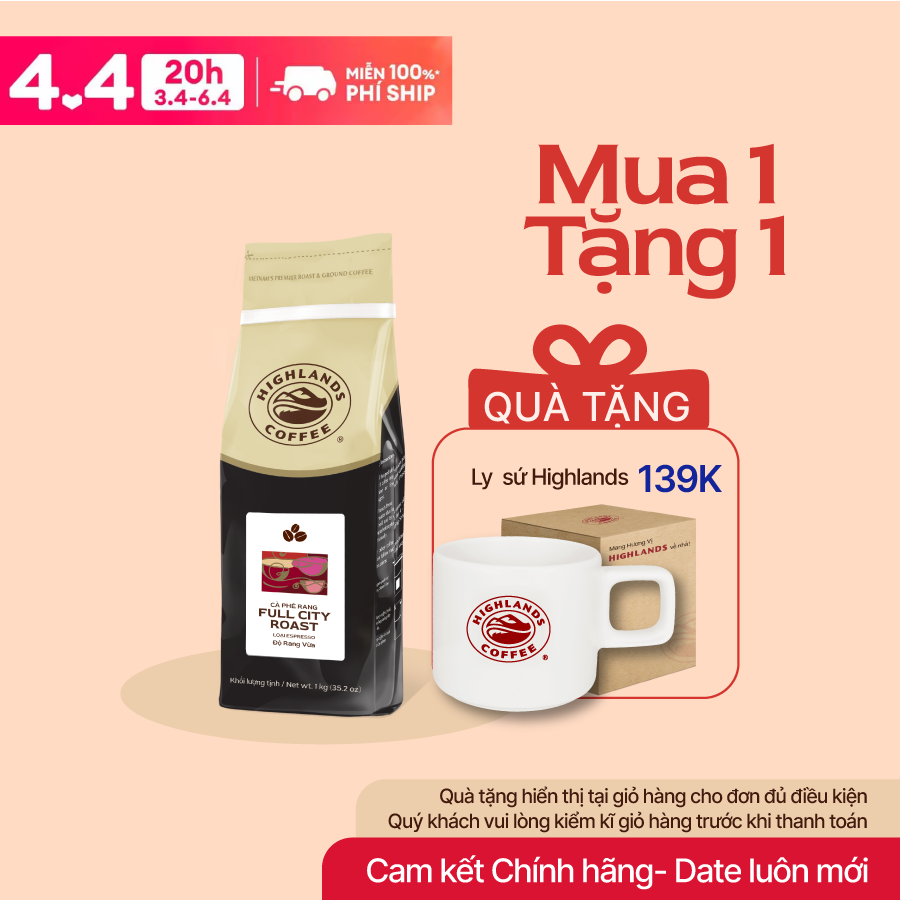 [Mua 1 tặng 1. Tặng 01 gói 200g hiển thị tại giỏ hàng cho đơn đủ điều kiện trong số lượng KM]  Cà phê hạt Full City Roast Highlands Coffee 1kg (cà phê pha máy).