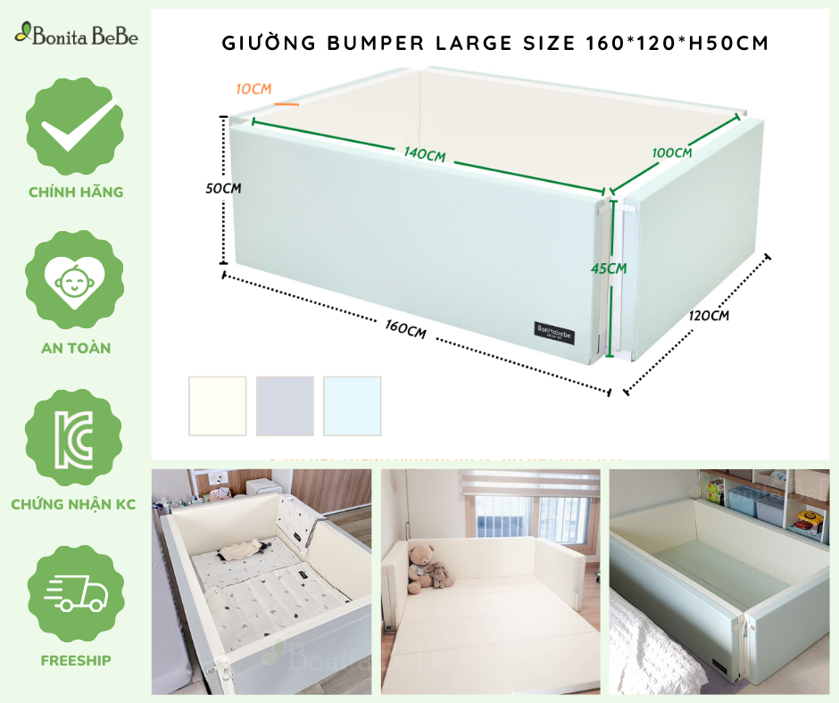 Giường Ngủ Cho Bé BonitaBeBe Bumper Bed Large 160*120*h50cm Đa Năng - Nhập Khẩu Chính Hãng HQ