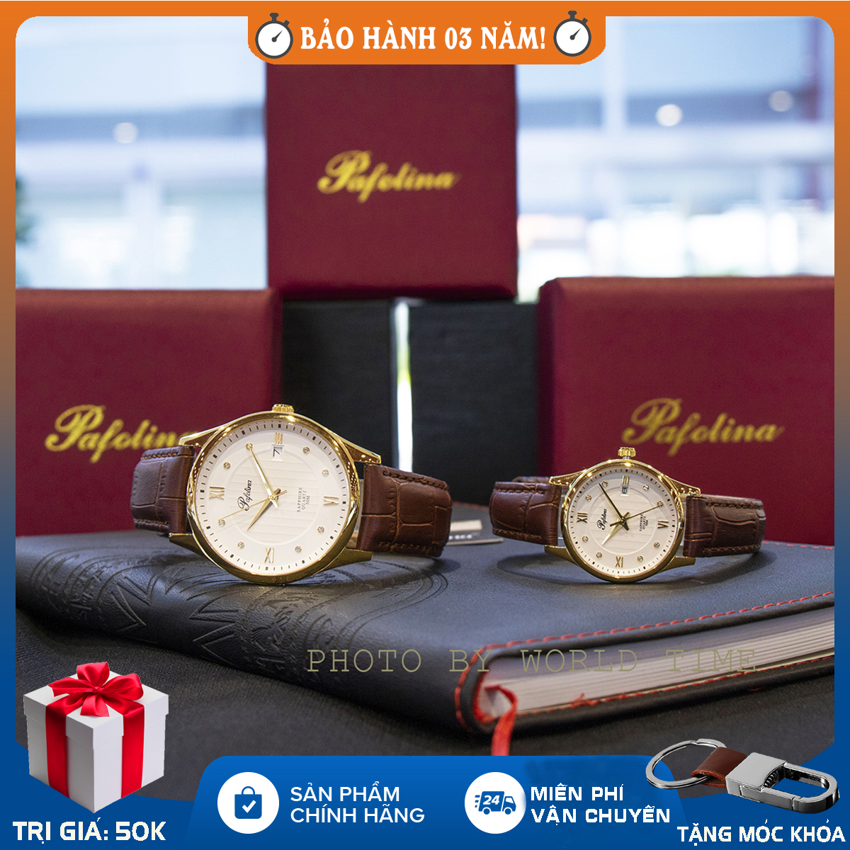 Đồng hồ nam, nữ, đồng hồ đôi Pafolina 5031M & 5031L, full hộp, thẻ bảo hành hãng, kính Sapphire chống xước, chống nước, dây da