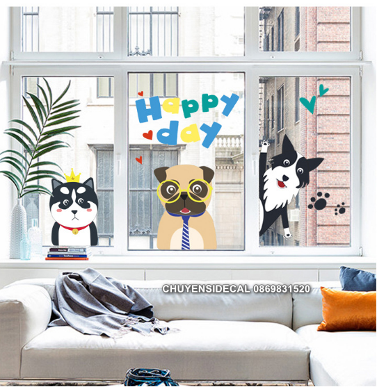 [HCM]Decal trang trí tường - Bày Chó HAPPY DAY