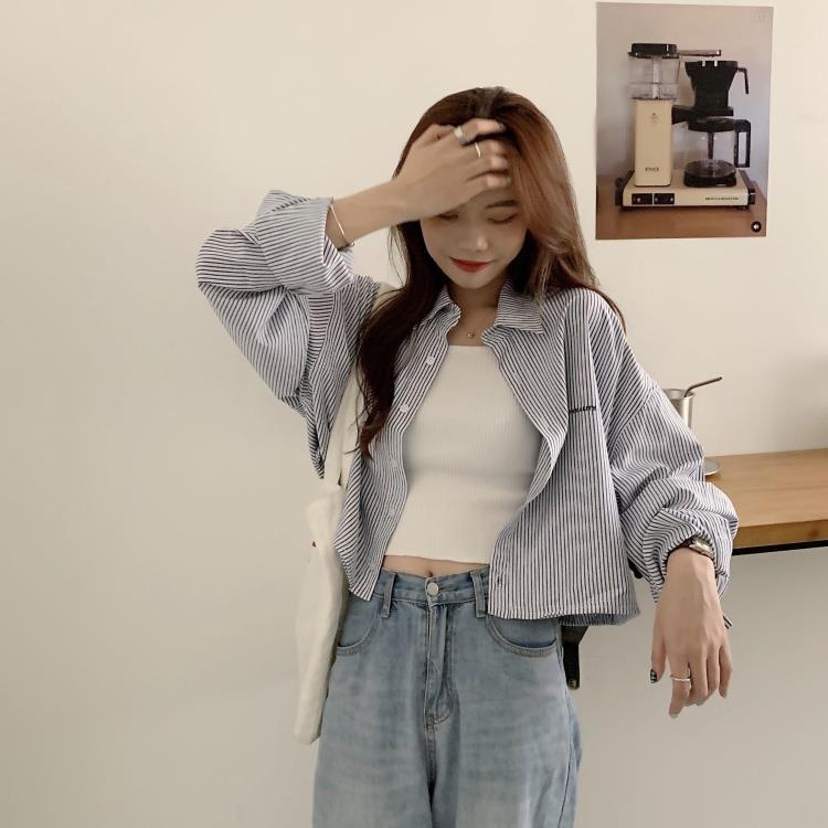 Áo sơ mi croptop tay dài kẻ sọc thêu họa tiết thời trang mùa hè xinh xắn dành cho nữ