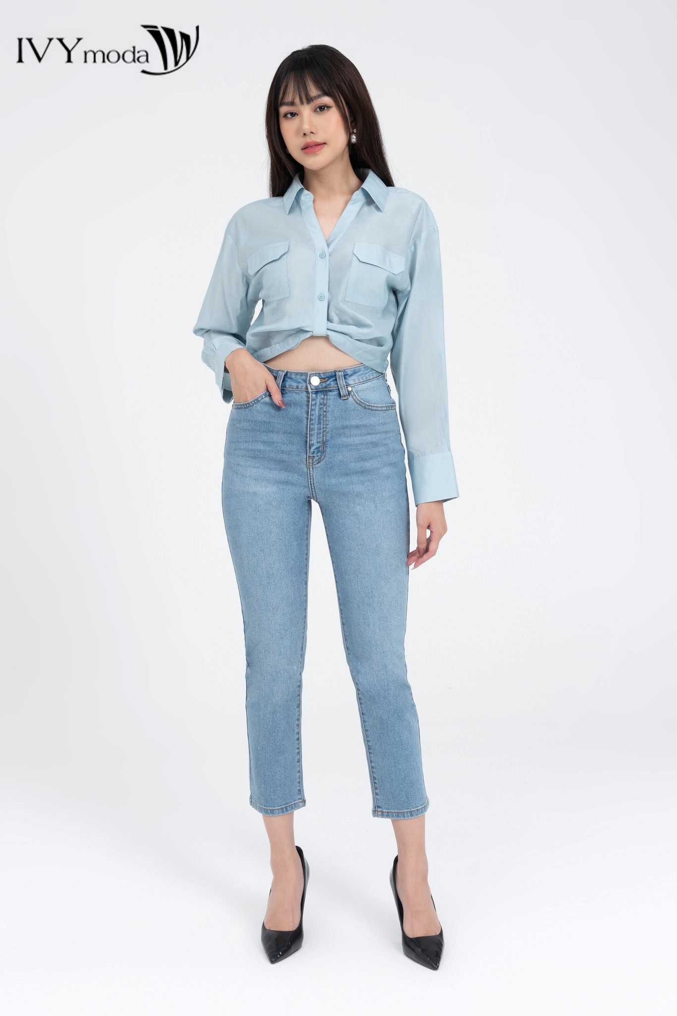 Áo sơ mi croptop kiểu xoắn eo IVY moda MS 17B9461