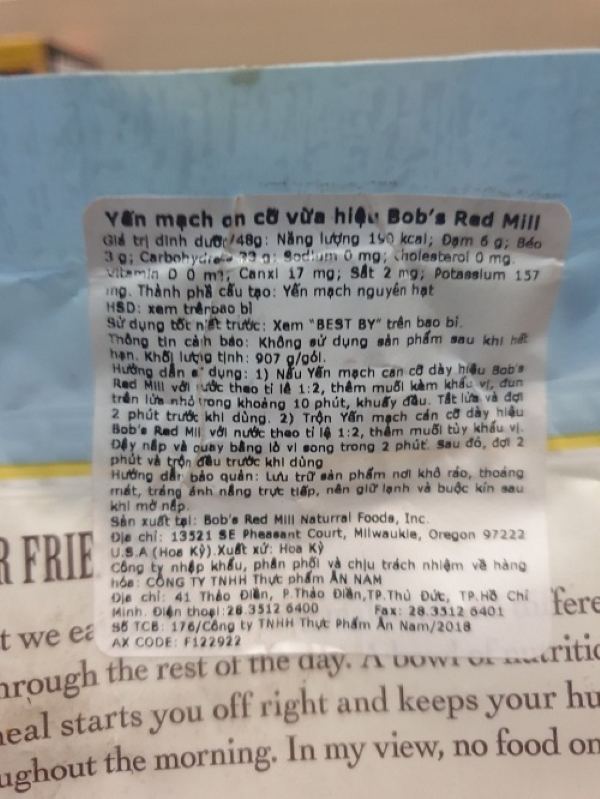 Yến mạch cán cỡ vừa hiệu bob's red mill (907g) nhập khẩu Mỹ