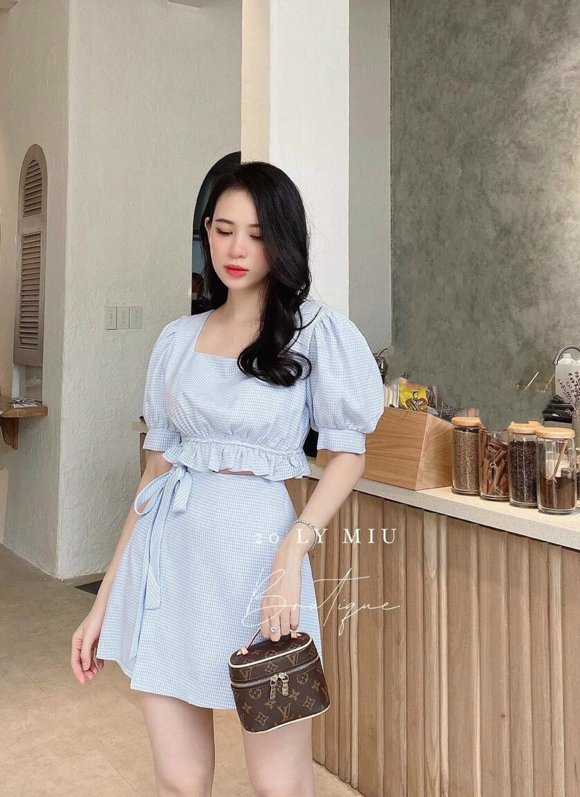 [HCM]Set bộ áo kiểu bo chun chân váy thắt eo dễ thương