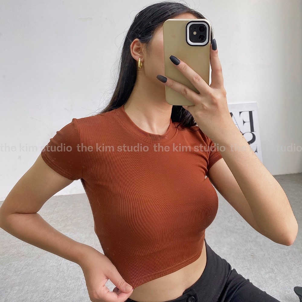 THE KIM A166 Áo thun croptop tay ngắn cổ tròn, áo baby tee thun tăm trơn