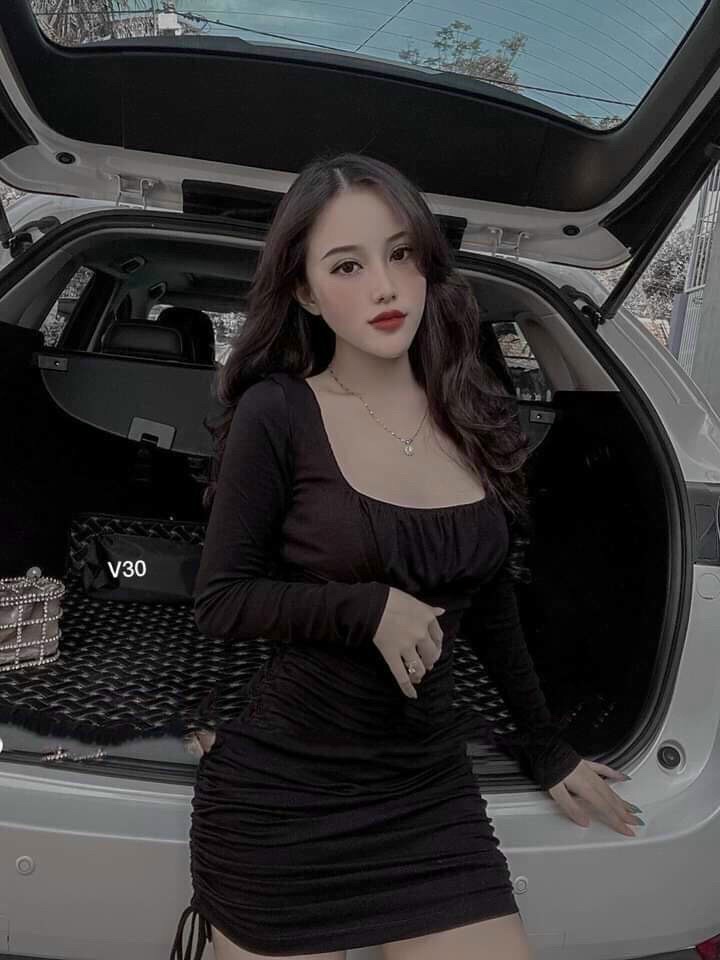 Đầm body nữ tay dài phối rút dây sang chảnh qc