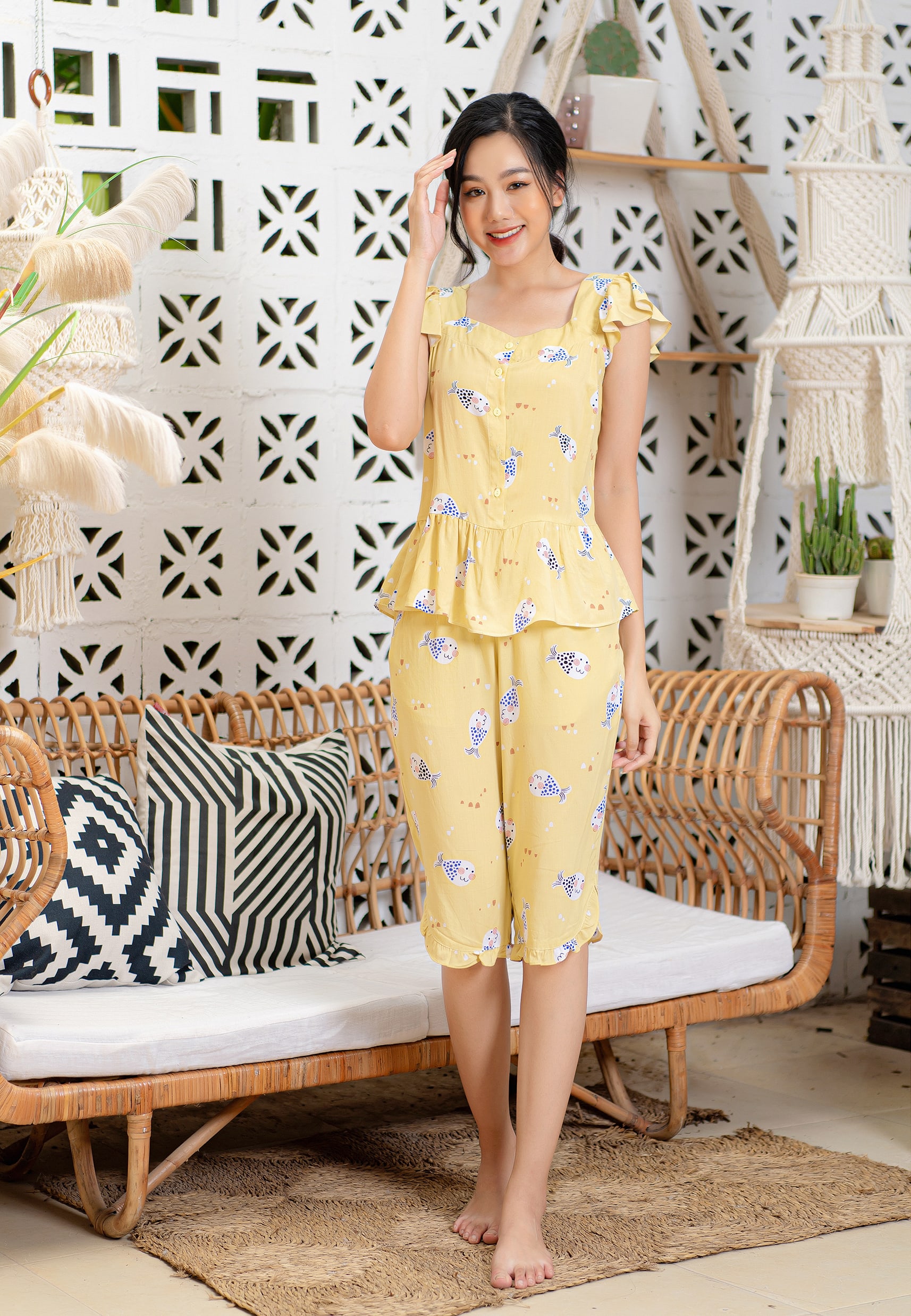 Bộ lửng lanh lụa vàng cốm Mila 20LHL056VA