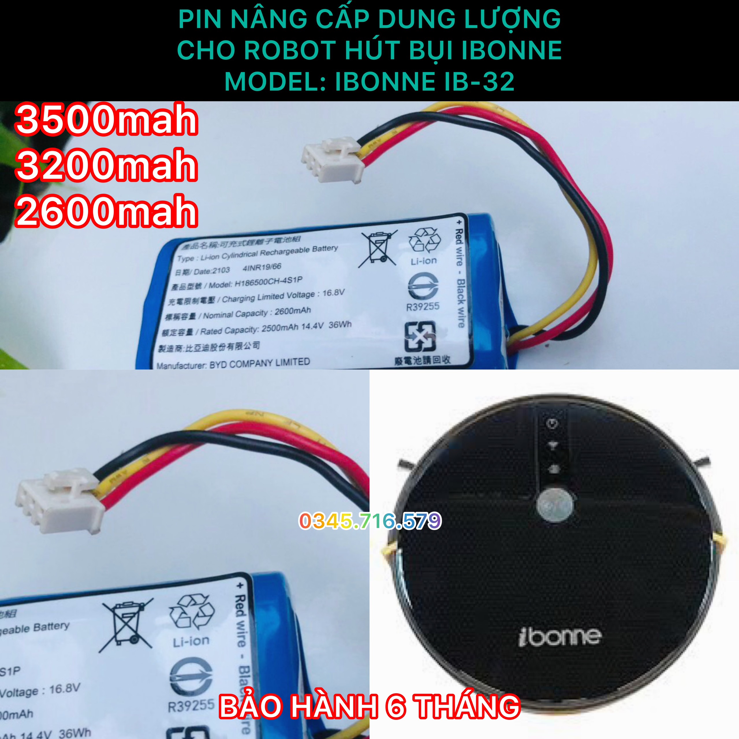 PIN ROBOT HÚT BỤI IBONNE CÁC MODEL: IB-32, IB-33 (LG 3500MAH BẢO HÀNH 9 THÁNG)