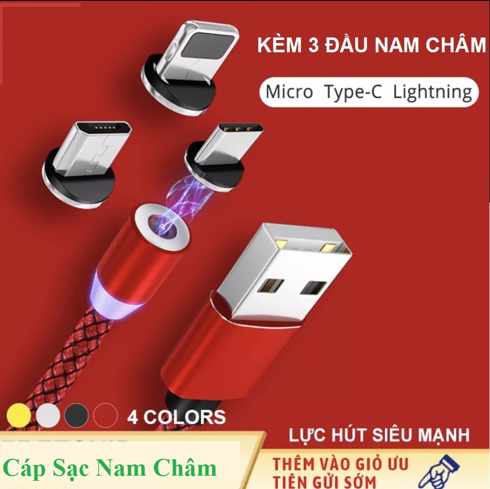 Dây Cáp Sạc Nam Châm Kèm 3 Đầu sạc Lighting Type C Micro Usb