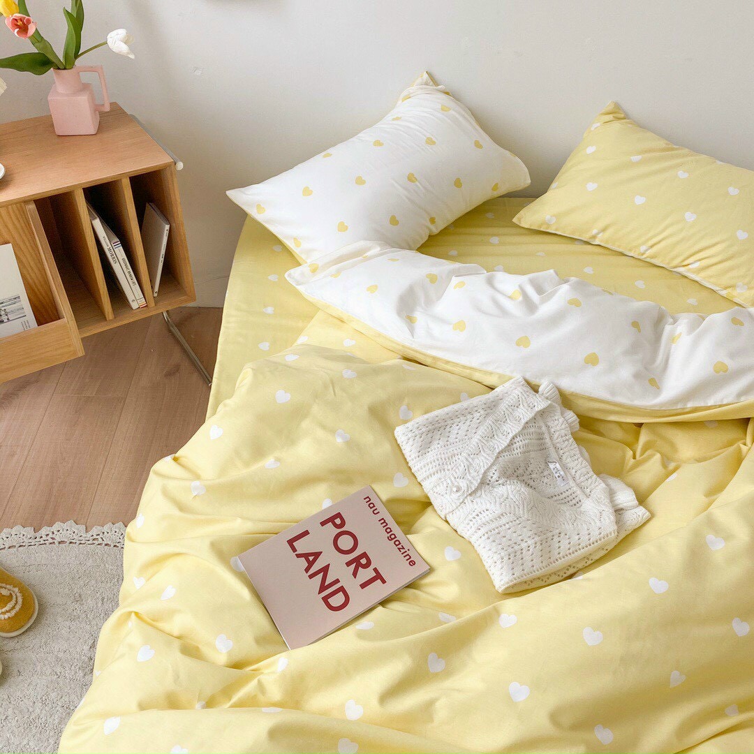 Bộ chăn ga gối phong cách Hàn Quốc trái tim vàng bo chun đủ kích thước