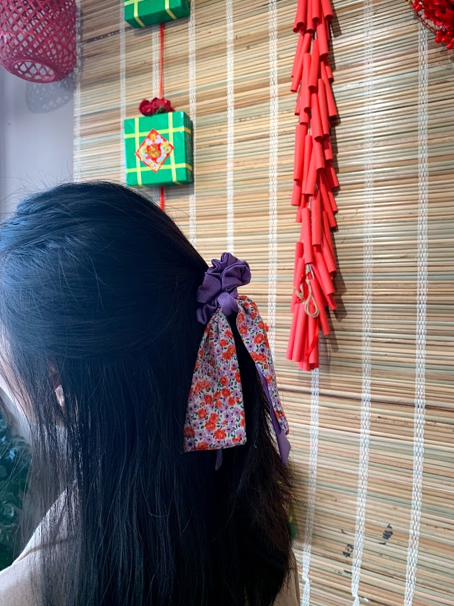 Dây cột tóc pelta scrunchies nơ dài tím mộng mơ