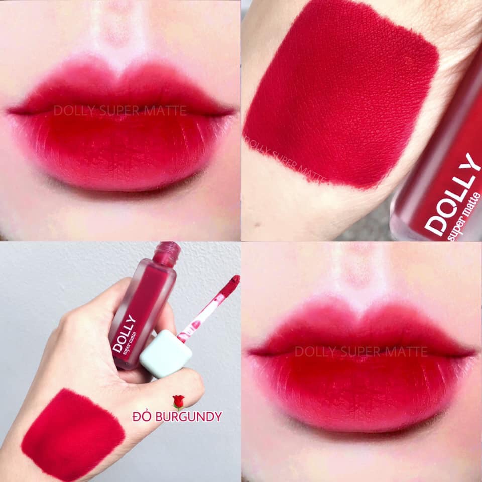 Son kem lì màu đỏ burgundy Dolly super matte, son kem lì không chì bền màu lâu trôi