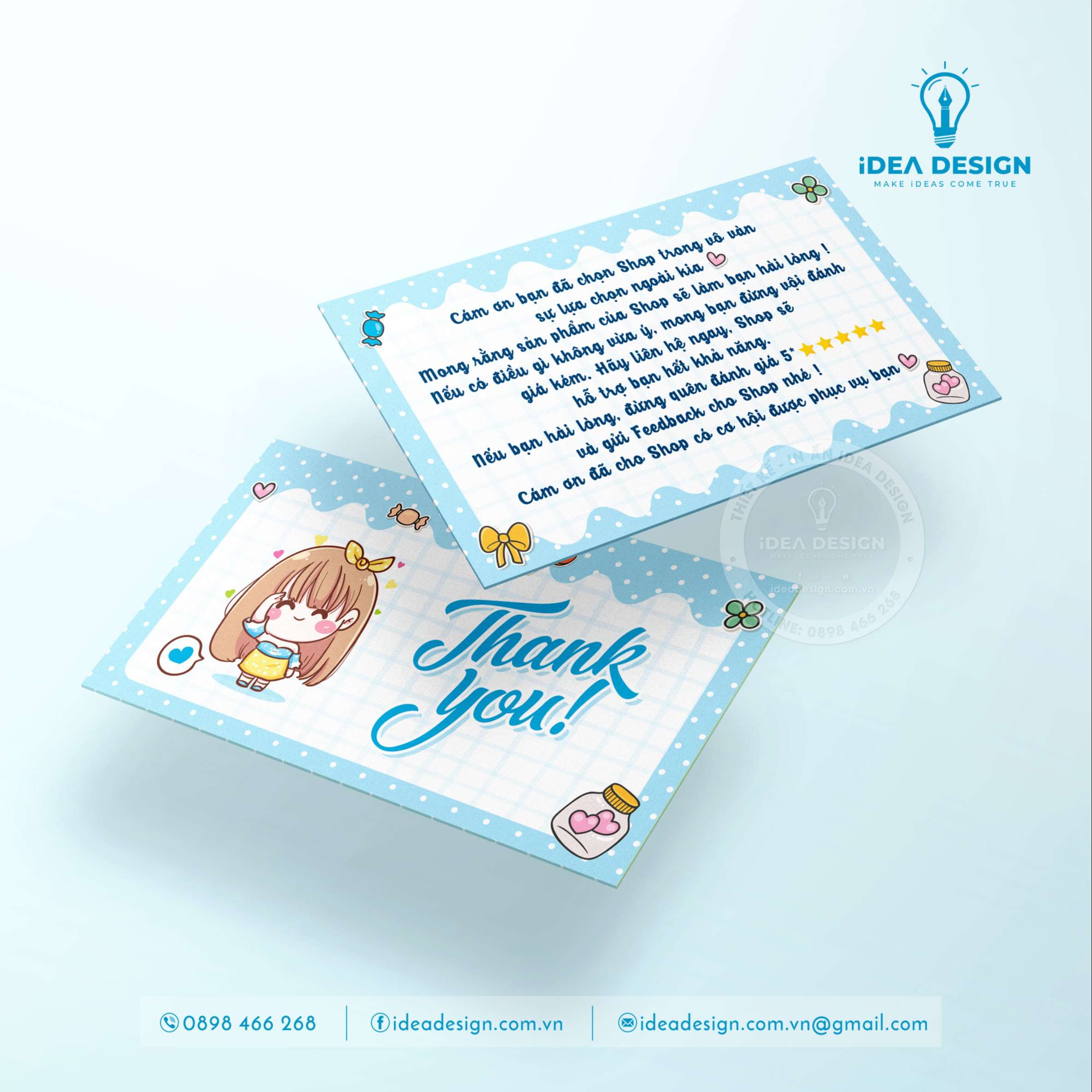 Card Cám Ơn, Card Thank You, Thiệp Cảm Ơn, Thiệp Thank You - Size 9x 5.4cm Chất Liệu C300 Cán Màn Mờ 2 Mặt Card Cô Gái Dễ Thương - iDea Design