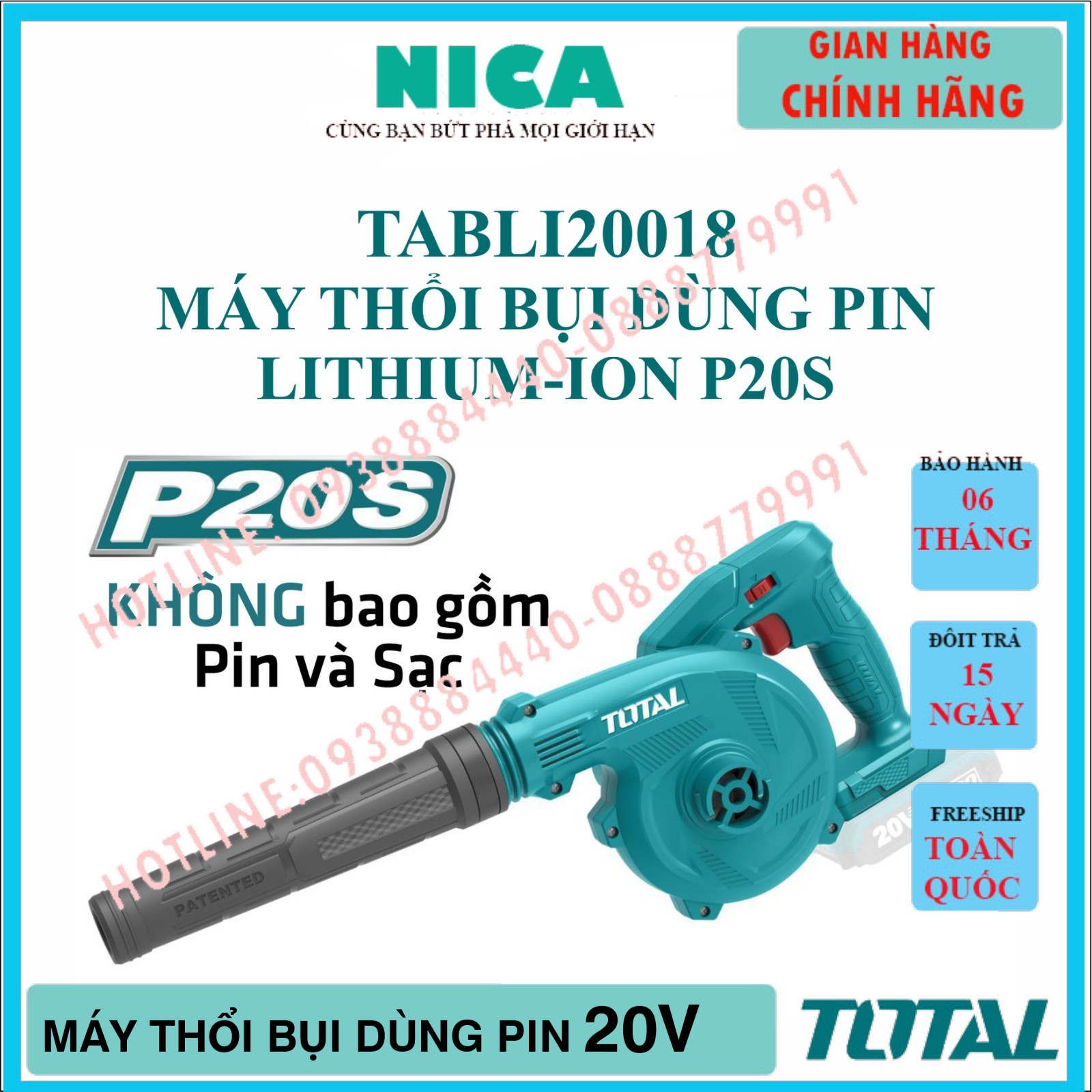 Máy thổi bụi dùng Pin 20V TOTAL TABLI2001 ba tốc độ (Không kèm pin, sạc) Máy thổi bụi cầm tay lượng thổi tối đa 2.5m3/ph