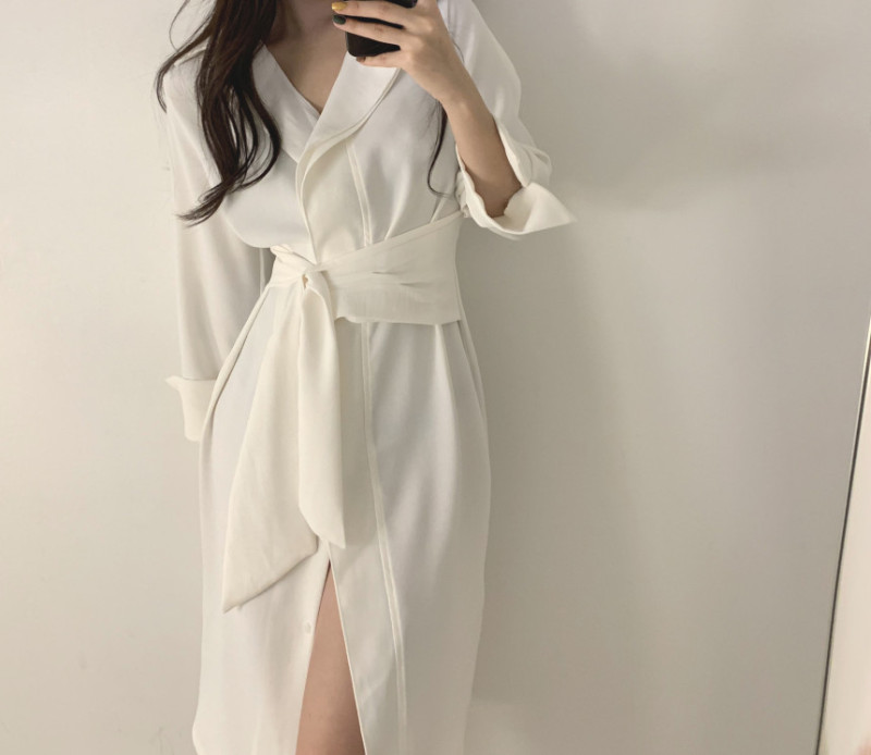 Hàn Quốc Chic Khí Chất Trang Nhã Cổ Bẻ Dây Quai Bó Eo Tôn Dáng Qua Đầu Gối Kiểu Lửng Ngắn Tay Áo Sơ Mi Đầm Nữ