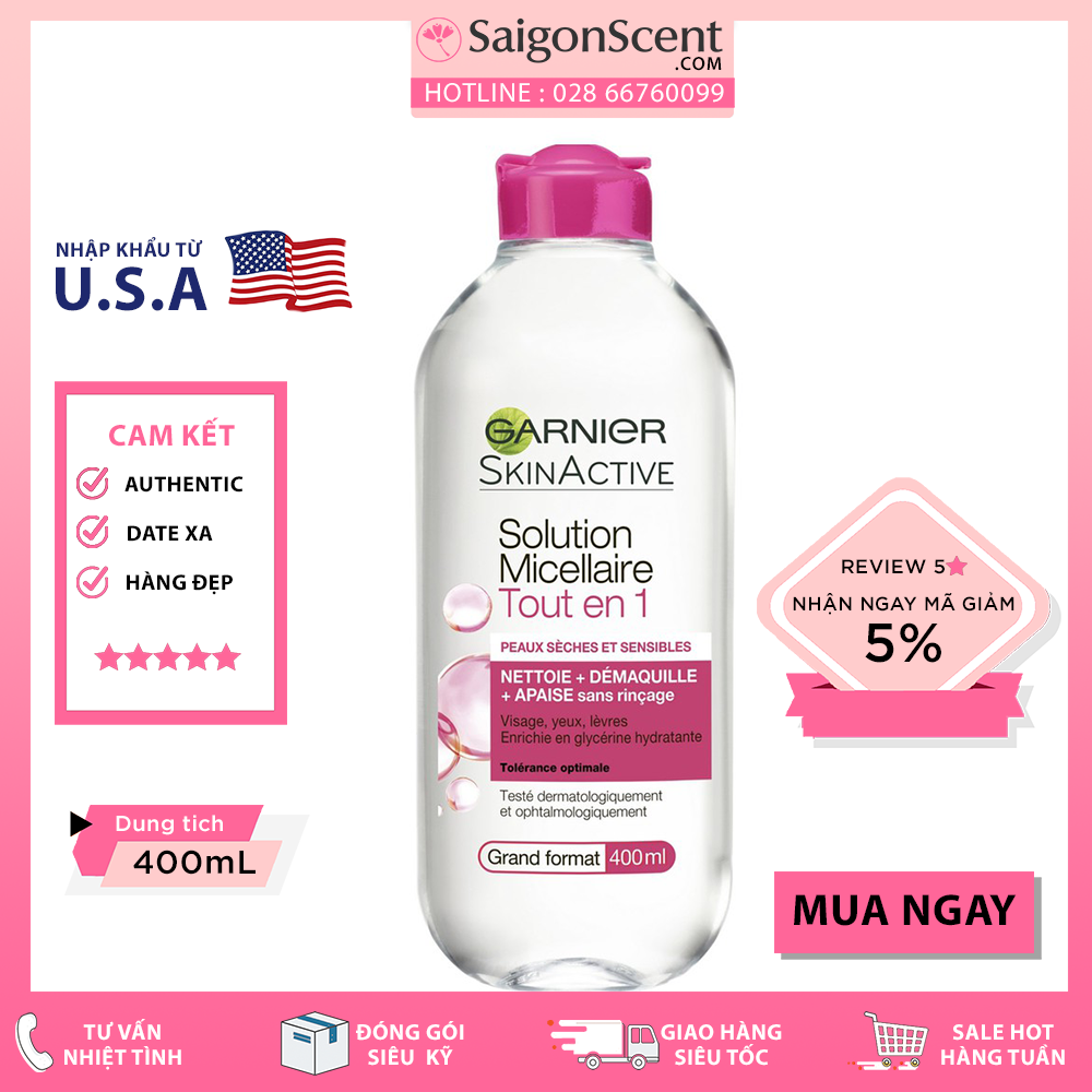 Tẩy trang Garnier Skinactive Solution Micellaire Tout en 1 ( Hồng Đậm - Da nhạy cảm, 400mL )