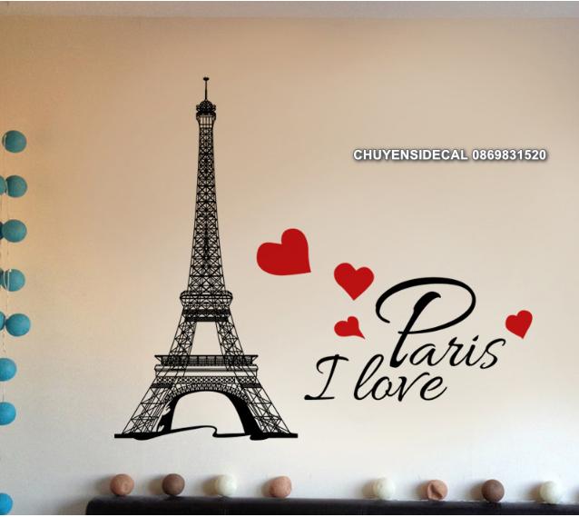 Decal trang trí tường - Tháp Paris Tim đỏ