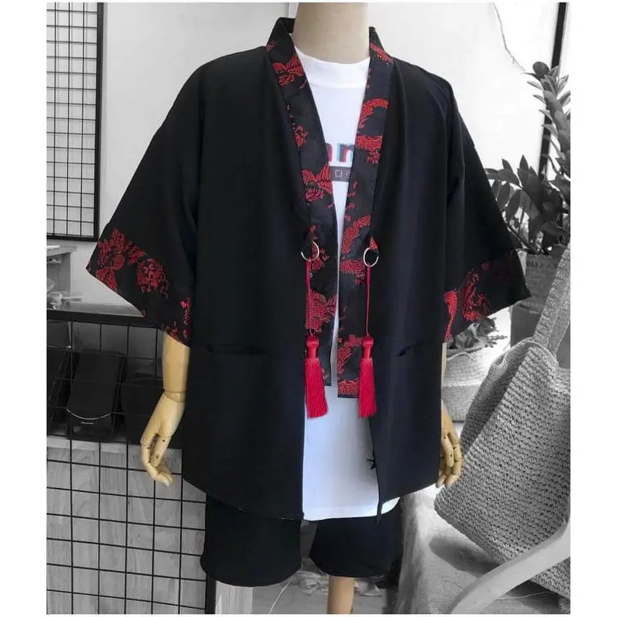 [HCM][ HÀNG CÓ SẴN ] Áo Haori Kimono nam nữ phong cách Nhật Bản phối gấm rồng đỏ - Có 2 túi kèm chuông như hình - Lay Unisex