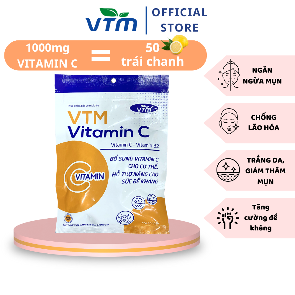 Viên uống Vitamin C VTM bổ sung vitamin C, sáng da, mờ thâm, tăng cường đề kháng - gói 60 viên(30 ngày)