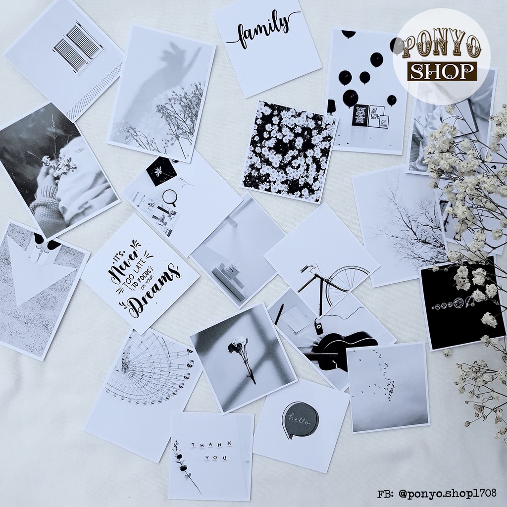 Set 21 sticker nhãn dán ảnh phong cách Instagram (Màu Trắng Đen) trang trí Scrapbook/Planner