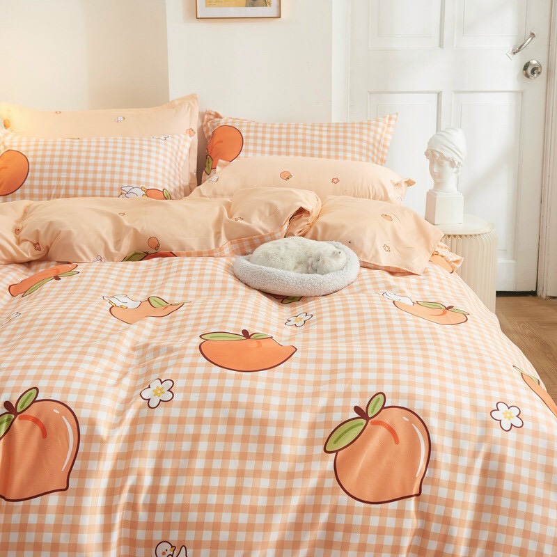 Trọn Bộ CHĂN GA GỐI MỀN, Hàng Cotton Poly Nhập Khẩu Mẫu TRÁI ĐÀO MÀU CAM Dễ Thương