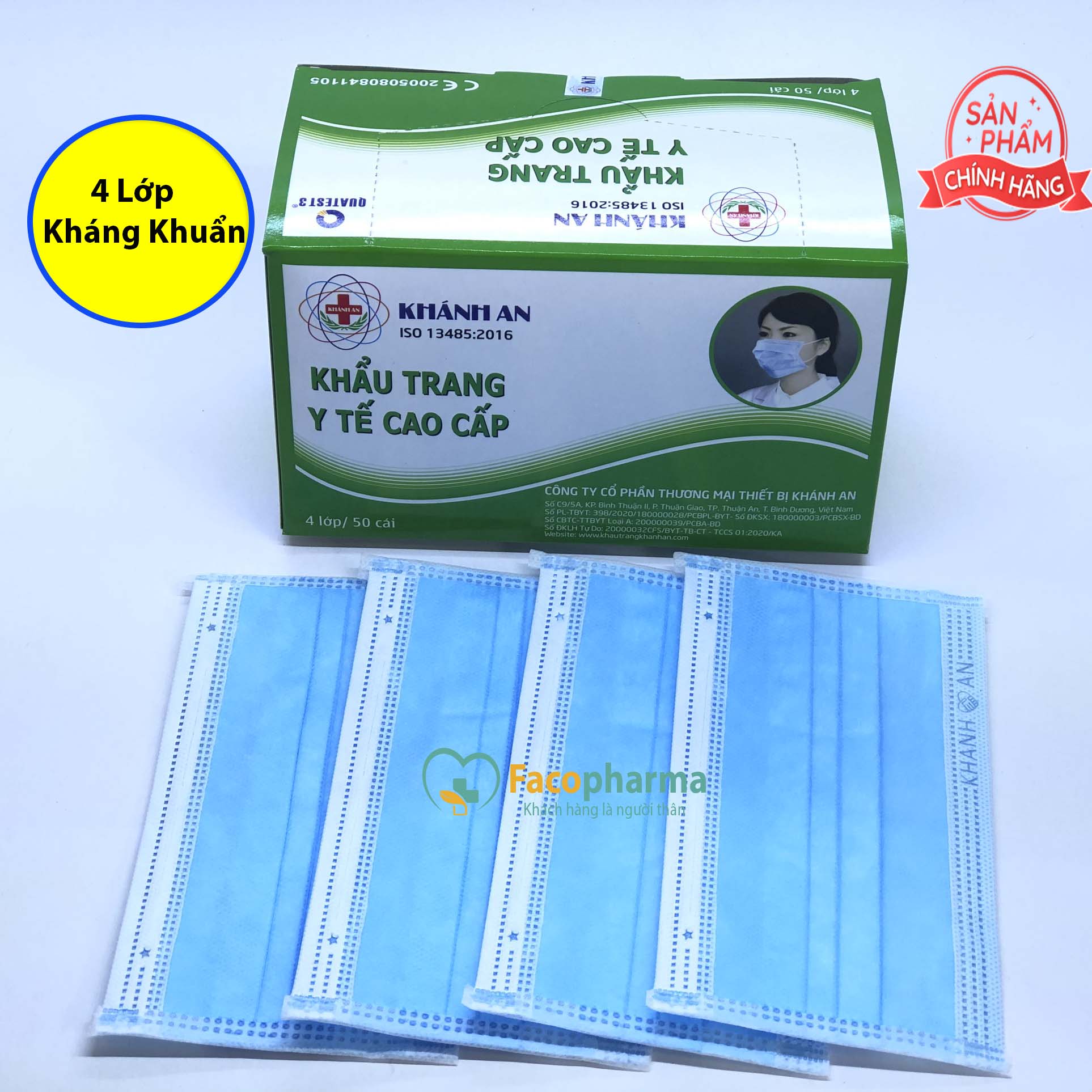 Khẩu trang y tế Khánh An 4 lớp kháng khuẩn kép loại 1 hộp 50 cái