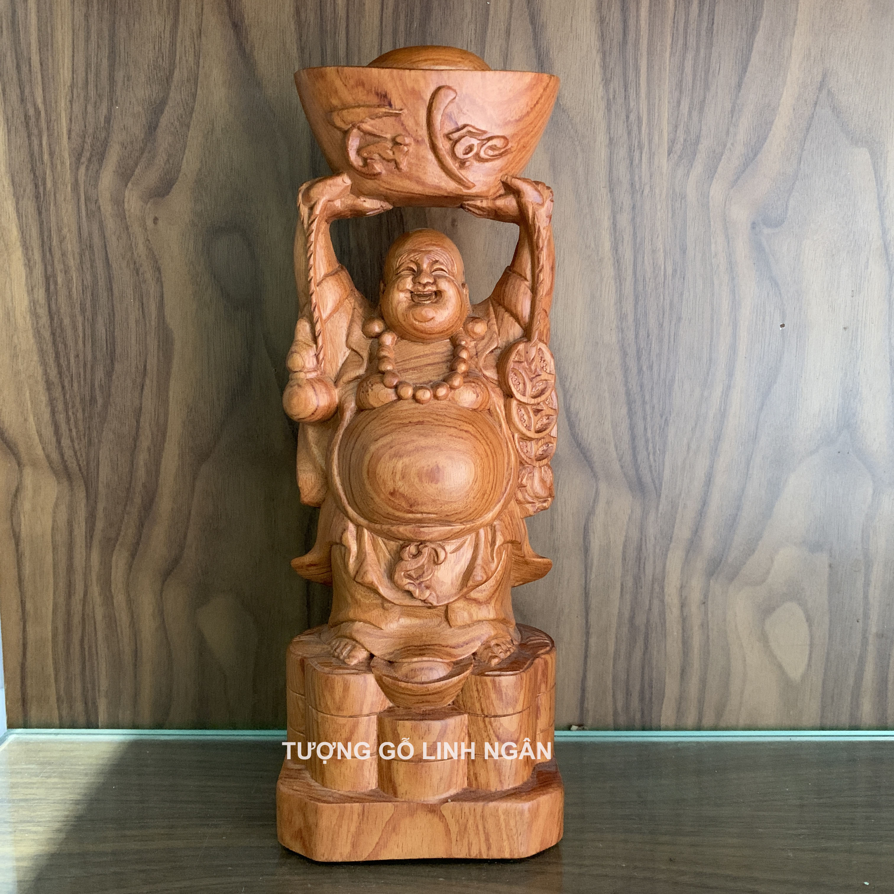Tượng phật di lặc dâng vàng (cao 30, ngang 11, sâu 9 cm)